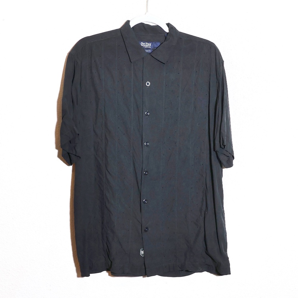 Nat Nast Black Button Down Short Sleeve Embroidered Silk Shirt SIZE L